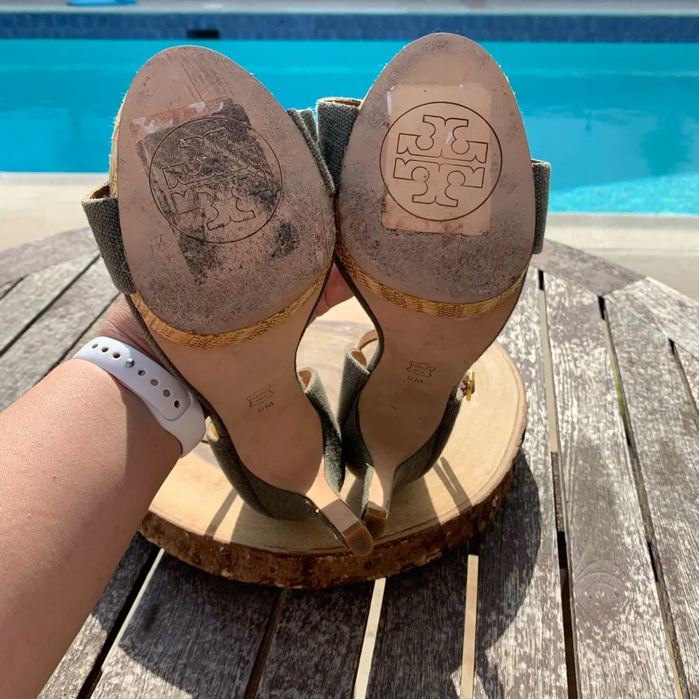 Tory Burch Olive Green Platform Heels with Tan Woven Platform